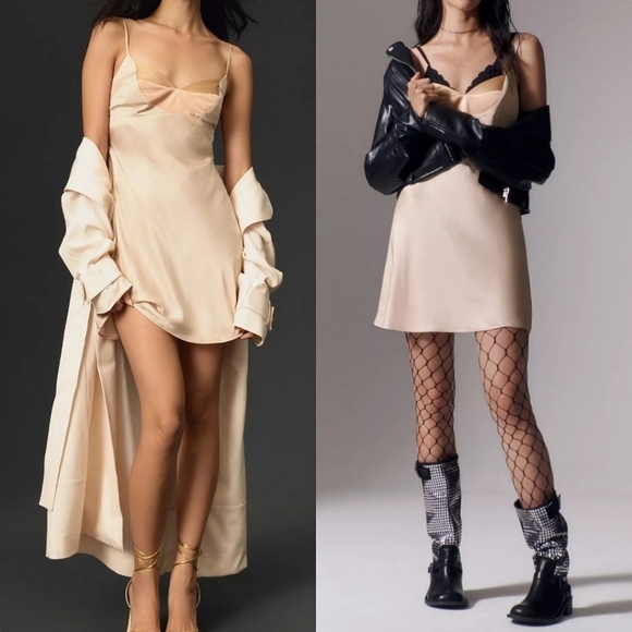 Anthropologie Colorblock Darted Satin Bow Back Slip Dress in Cream and Peach NWT - Picture 1 of 10